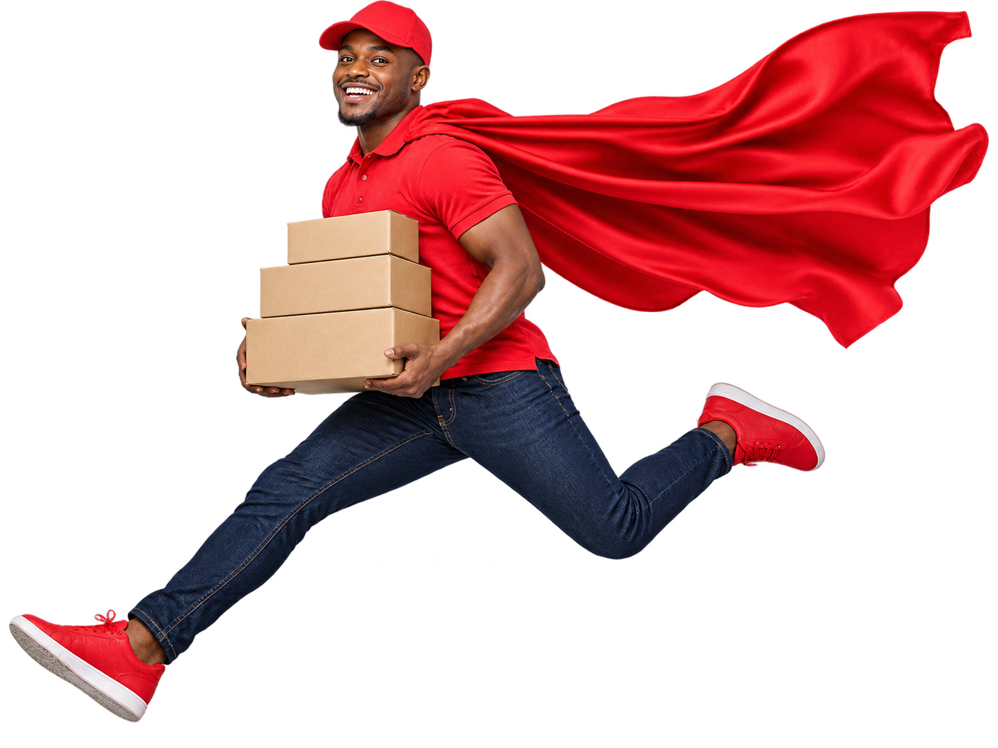 A smiling courier leaping with parcels and a flowing red superhero cape