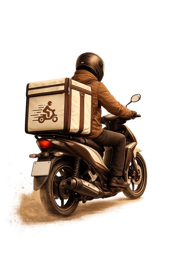 A SPISLY courier riding through the city with a delivery